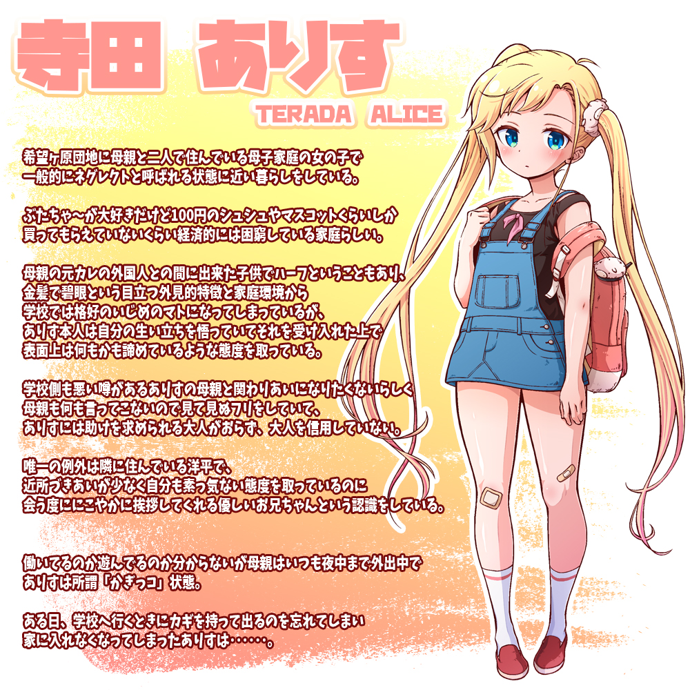 寺田ありす　（てらだ　ありす）


希望ヶ原団地に母親と二人で住んでいる母子家庭の女の子で
一般的にネグレクト呼ばれる状態に近い暮らしをしている。

ぶたちゃ〜が大好きだけど100円のシュシュやマスコットくらいしか
買ってもらえていないくらい経済的には困窮している家庭らしい。


母親の元カレの外国人との間に出来た子供でハーフということもあり、
金髪で碧眼という目立つ外見的特徴と家庭環境から
学校では格好のいじめの的になってしまっているが、
ありす本人は自分の生い立ちを悟っていてそれを受け入れた上で
表面上は何もかも諦めているような態度を取っている。

学校側も悪い噂があるありすの母親と関わりあいになりたくないらしく
母親も何も言ってこないので見て見ぬフリをしていて、
ありすには助けを求められる大人がおらず、大人を信用していない。

唯一の例外は隣に住んでいる洋平で、
近所づきあいが少なく自分も素っ気ない態度を取っているのに
会う度ににこやかに挨拶してくれる優しいお兄ちゃんという認識をしている。


働いてるのか遊んでるのか分からないが母親はいつも夜中まで外出中で
ありすは所謂「かぎっコ」状態。

ある日、学校へ行くときにカギを持って出るのを忘れてしまい
家に入れなくなってしまったありすは･･････。