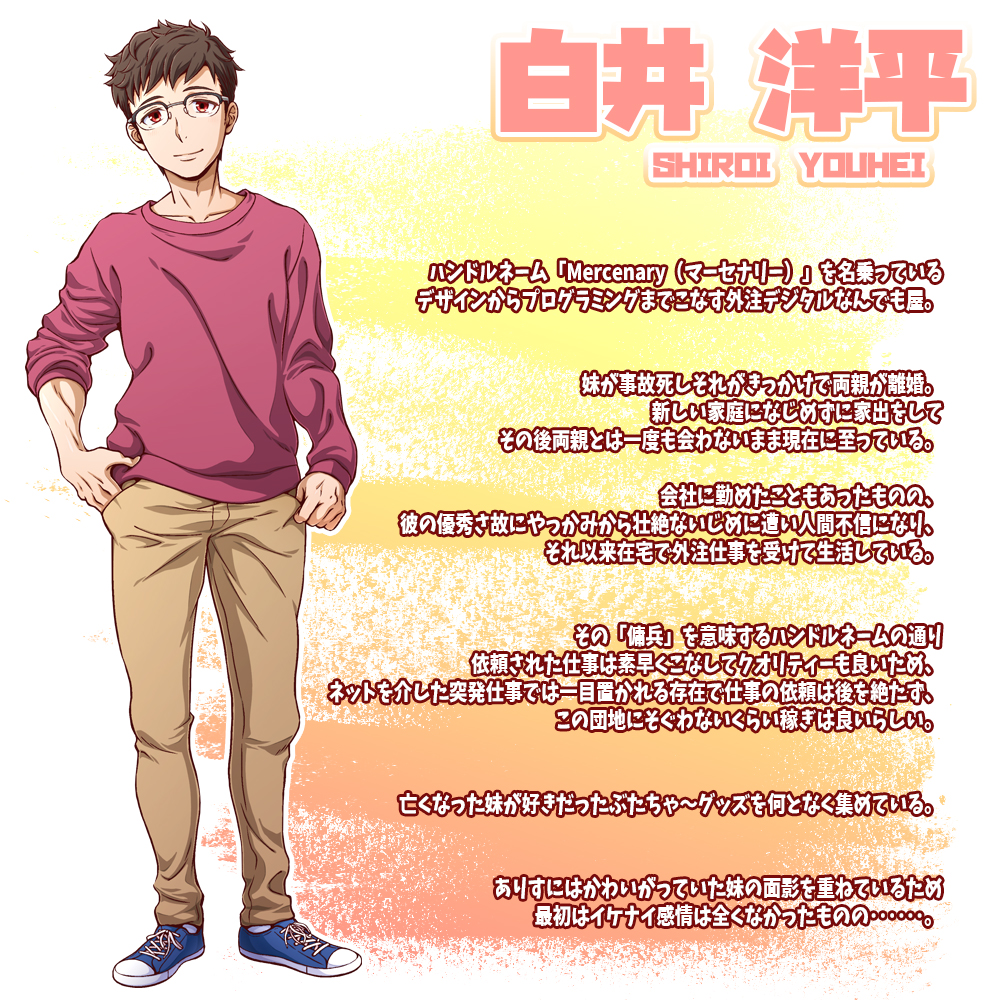 白井洋平　（しろい　ようへい）

ハンドルネーム「Mercenary（マーセナリー）」を名乗っている
デザインからプログラミングまでこなす外注デジタルなんでも屋。


妹が事故死しそれがきっかけで両親が離婚。
新しい家庭になじめずに家出をして
その後両親とは一度も合わないまま現在に至っている。

会社に勤めたこともあったものの、
彼の優秀さ故にやっかみから壮絶ないじめに遭い人間不信になり、
それ以来在宅で外注仕事を受けて生活している。

その「傭兵」を意味するハンドルネームの通り
依頼された仕事は素早くこなしてクオリティーも良いため、
ネットを介した突発仕事では一目置かれる存在で仕事の依頼は後を絶たず、
この団地にそぐわないくらい稼ぎは良いらしい。

亡くなった妹が好きだったぶたちゃ〜グッズを何となく集めている。


ありすにはかわいがっていた妹の面影を重ねているため
最初はイケナイ感情は全くなかったものの･･････。

